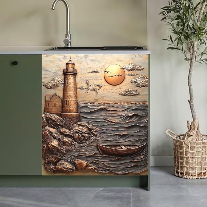 Lighthouse Ocean Scene Kitchen Decor Dishwasher Magnet Cover Decal, 3D Embossed Coastal Sunset Magnetic Dish Washer Panel Door Vinyl Sticker, Refrigerator Magnets,Easy to Clean, 23 x 26 inch