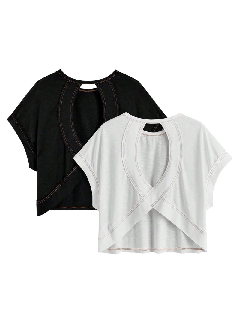 RoseSeek Girl's 2 Packs Open Back Backless Tops Criss Cross Short Sleeve T Shirts Crewneck Casual Tees Black White 11Y