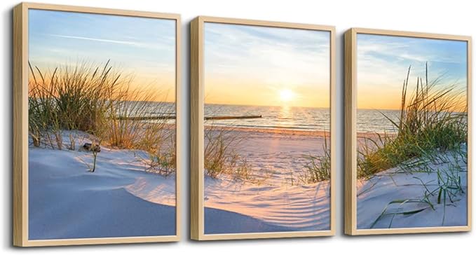 Natural Wood Framed Wall Art for Living Room and Bedroom - Large Size Sun Blue Beach Pictures - Office and Home Decor - Ocean Paintings Set of 3 Piece Framed Art Prints