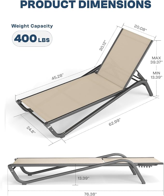 Adjustable Patio Chaise Lounge Chair, Outdoor Pool Lounger for Sunbathing & Tanning, All-Weather Textilene Sun Bed for Beach, Porch & Deck, Rust-Proof Aluminum Frame, Beige