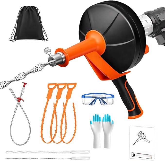 Drain Auger 25ft Clog Remover with Drill Adapter, Flexible Plumbing Snake for Kitchen, Bathroom & Shower Sinks, Hair Clog Remover, Manual or Drill Powered, Full-Set Included
