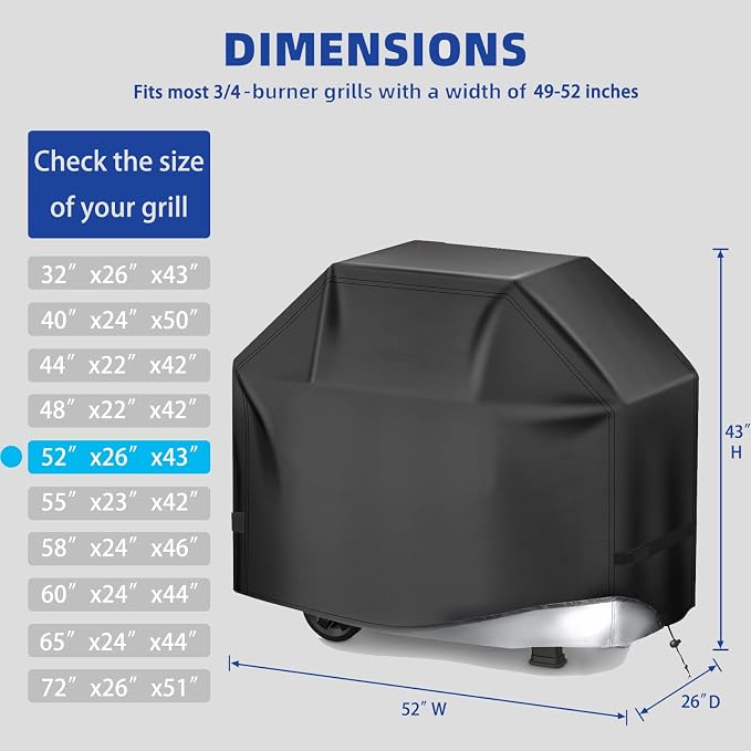 BBQ Gas Grill Cover for Outdoor, Anti-UV, Rip-Proof, 600D Oxford Fade Resistant Material, Barbecue Cover with Hook and Loop Straps & Adjustable Hem Drawstring (Black, 52”x26”x43”)