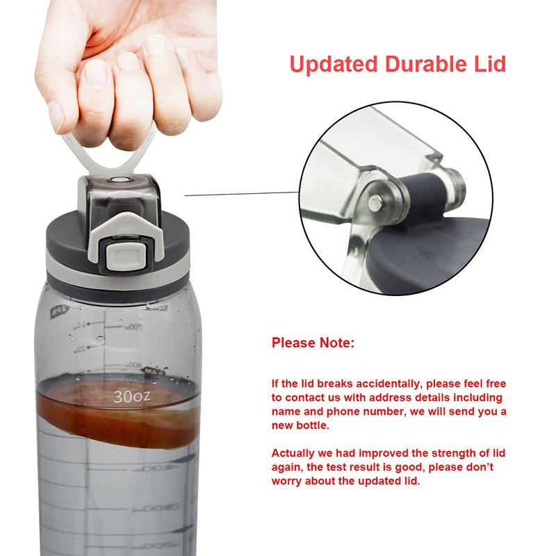 Teentumn 30oz Sport Water Bottle with Time Markers, Large Durable Gym Plastic Bottle Tritan BPA Free for Fitness, Outdoor Enthusiasts, Leakproof Clear Gray (Pack of 1)