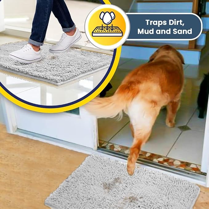 Muddy Mat® | Super Water Absorbent Door Mat Indoor, Microfiber Quick Dry Chenille Entryway Rug, Slip Resistant Front Door Mat, Indoor Mats for Entryway, Machine Washable Pet Rug, White 30" x 48"