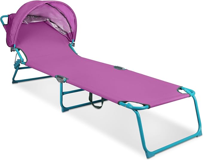 Northroad Beach Lounge Chair with Canopy Shade, Adjustable 4 Position Foldable Tanning Chair, Outdoor Heavy Duty Chaise Lounge Chair, for Poolside Patio Sunbathing Lawn, UPF 50+, Purple
