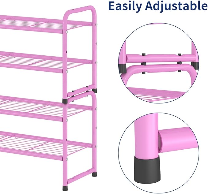 SUFAUY 2-Tier 33" Wide Shoes Rack Shelf for Closet Metal Stackable Shoe Storage Organizer, Wire Grid, Pink
