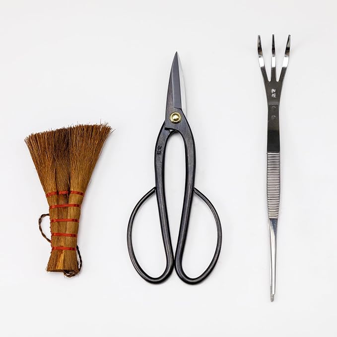 Wazakura Japanese Bonsai Garden 3PCS Tool Starter Kit, Made in Japan, Ashinaga Bonsai Scissors, Stainless Tweezers with Rake, Chinese Broom. Beginner Set with Shears, Tweezers and Soil Brush