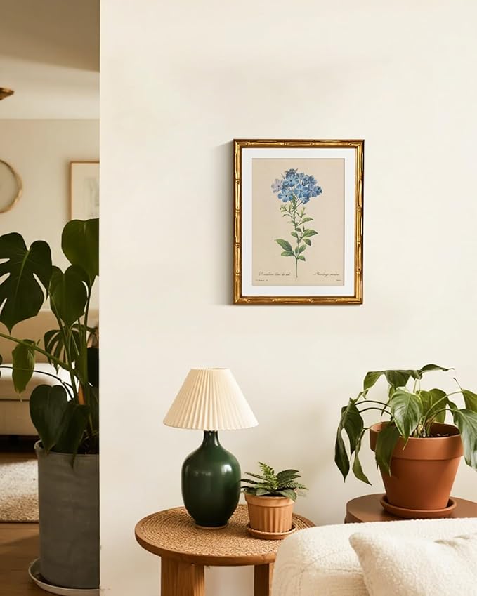 InSimSea Gold Bamboo Framed Canvas Wall Art, Vintage Minimalist Blue Botanical