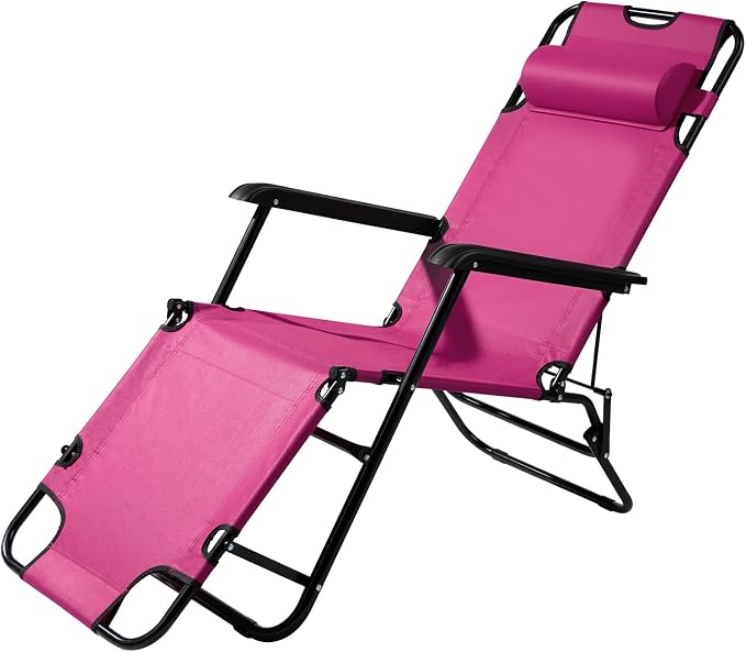 Outdoor Folding Chaise Lounge Chair, Patio Sun Lounger Reclining Beach Chair Sun Patio Pool Lawn Recliner Chair (Pink)