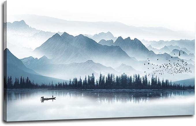 arteWOODS Indigo Canvas Wall Art Misty Mountain Wall Pictures Foggy Lake Boat Canvas Painting Blue Forest Birds Canvas Wall Decor for Living Room Wall Decorations Framed Ready to Hang 29" x 58"