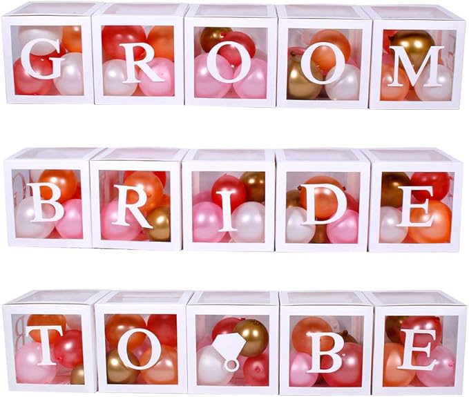 96 PC Bridal Shower Decorations Balloon Boxes White- Transparent Block with BRIDE TO BE + GROOM + A - Z Letters and 40 Balloons- Engagement Bachelorette Parties Weddings Centerpieces Photo Booth Props
