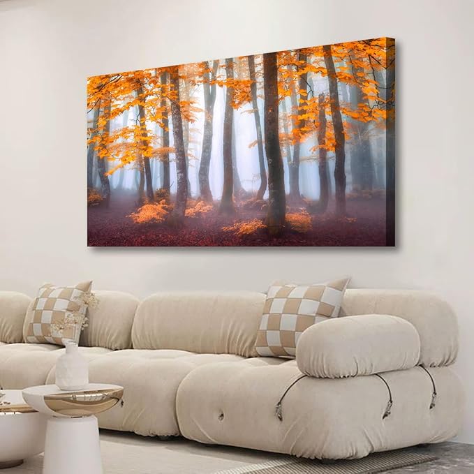 Orange Maple Leaf Tree Canvas Wall Art for Living room Office Bedroom Mist Forest Wall Art Print Paintings Modern Nature Autumn Landscape Pictures Wall Decor Artwork Ready to Hang - 20in * 40inch