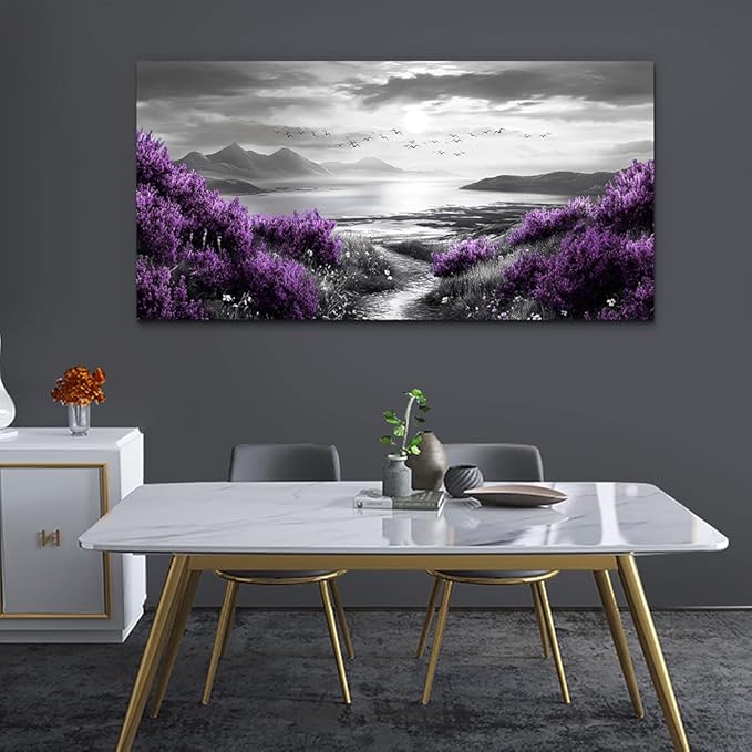 Canvas Wall Decor for Bedroom Large Wall Art for Living Room Modern Office Wall Decoration Purple Flowers Landscape Paintings Black and White Scenery Pictures Artwork Aesthetic Home Decor
