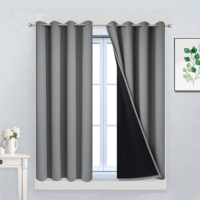 Yakamok Gray 100% Blackout Curtains 45 Inches Long, Full Light Blocking Thermal
