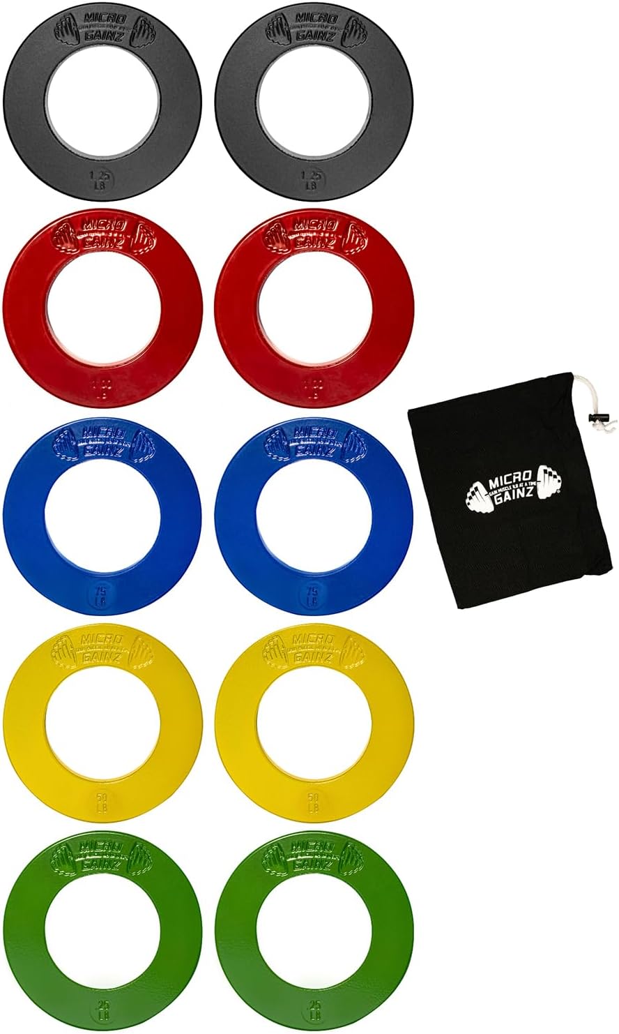 Micro Gainz Olympic Fractional Weight Plates Set, 10 Piece Olympic Weight Plates Set with Bag, Designed for Olympic Barbells for Strength Training and Micro Loading, Made in USA