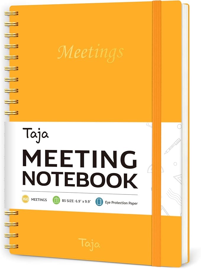 Taja Meeting Notebook for Work Organization - Work Planner Notebook with Action Items, Agenda Planner for Note Taking, 160 Pages (6.9" X 9.9") Project Organizer for Men & Women - Yellow