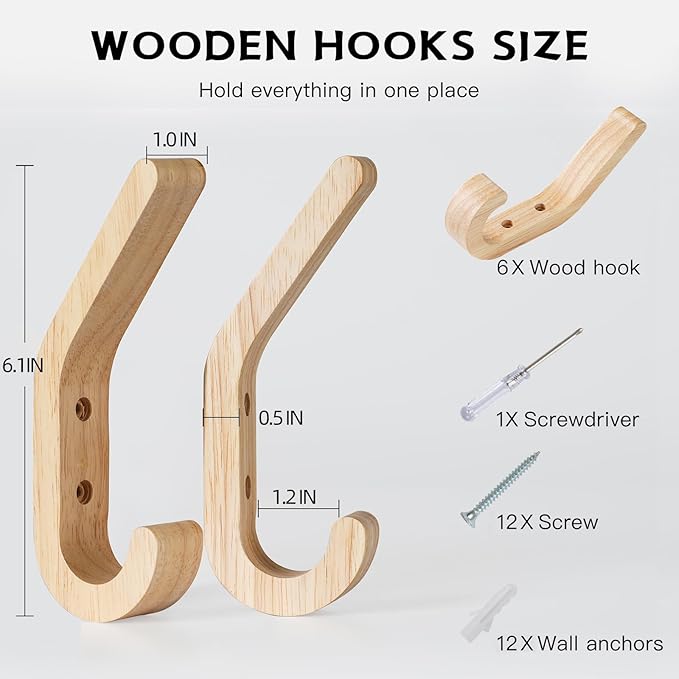 Wooden Coat Hooks for Wall, 6 Pack Wall Mounted Natural Wood Hooks, Modern