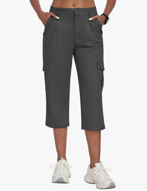 MoFiz Women's Cargo Capris Lightweight Hiking Pants 6 Pockets Cotton Casual Summer Capri Pants for Women Dark Grey L