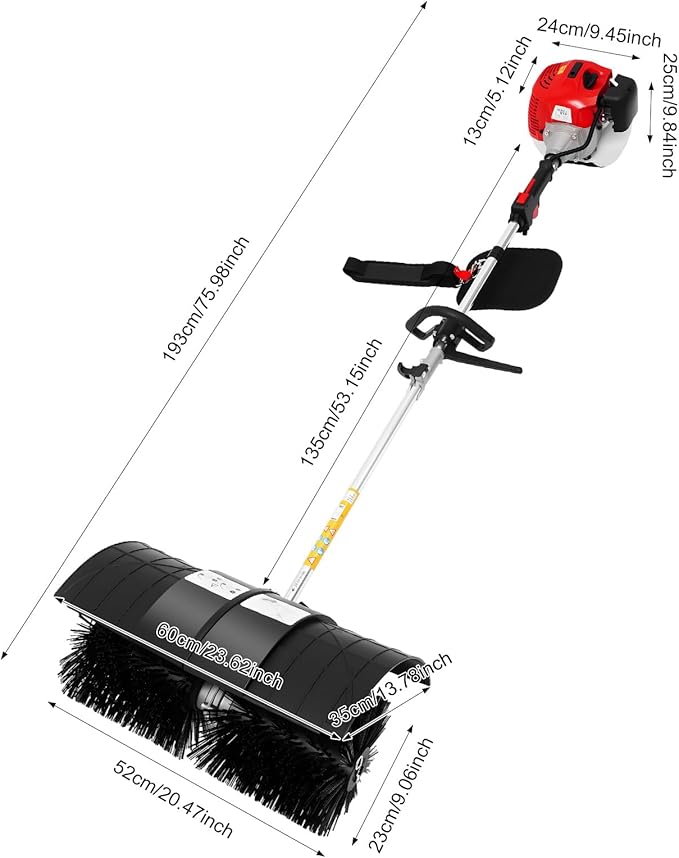 Outdoor Hand Held Power Broom, 52cc 2.3HP 1.8M Outdoor Handheld Sweeper Power Broom for Artificial Turf, 1-Cylinder 2-Stroke Walk Behind Sweeper Cleaning Driveway Tools Lawn Cleaner Tools