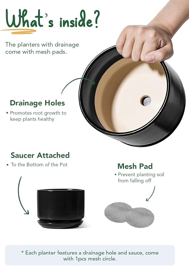 LE TAUCI Ceramic Pots for Plants, 6.8 Inch Plant Pots with Drainage Hole & Saucer, Modern Planter for Indoor Plants, Stable & Durable, Perfect for Living Room or Office Decor, Black
