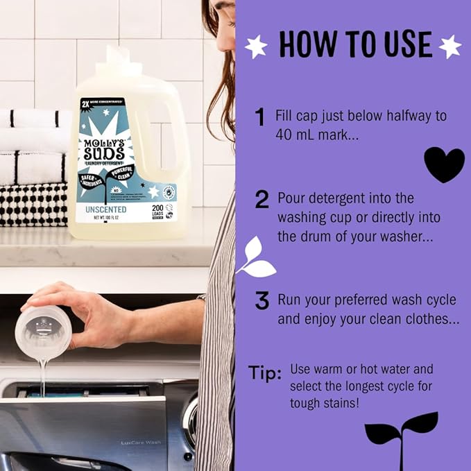 Molly's Suds Liquid Laundry Detergent | Clean Laundry Detergent Soap for Sensitive Skin | 2x Concentrated, High Efficiency (HE) | Lavender - 100 Loads