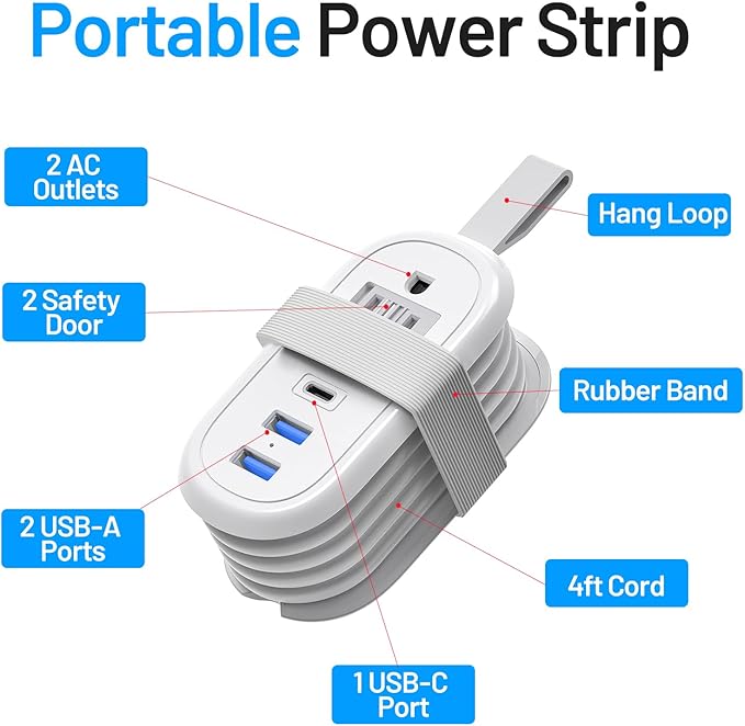 BEVA Cruise Power Strip, Cruise Approved Outlet with USB Ports, Non Surge Protector, 4FT Short Extension Cord 2 Outlets 3 USB Ports(1 USB C), Travel Essentials Outlet Adapter(3.4A Charge White)