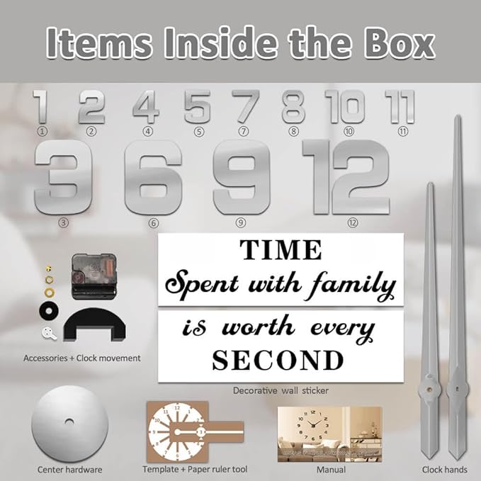Mintime Modern Frameless DIY Wall Clock Large 3D Wall Watch Mirror Numbers