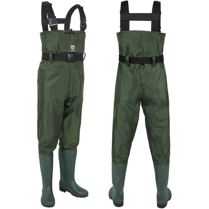 TIDEWE Bootfoot Chest Wader, 2-Ply Nylon/PVC Waterproof Fishing & Hunting Waders with Boot Hanger for Men and Women Green Size 13