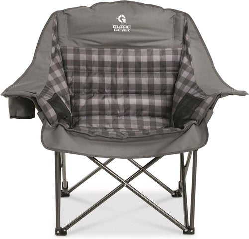 Guide Gear Oversized Padded Camping Chair - Portable Folding Lounge for Adults | 400 lb Capacity, Gray Plaid