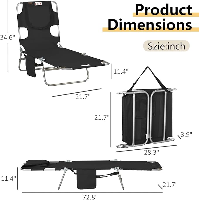 Sun Tanning Chair with Face Hole, Heavy Duty Adjustable 5-Position Folding Laying Out Chairs for Tanning, Beach Lounge Chairs for Adults for Outdoor Sunbathing Patio Pool Lawn (Black 3)