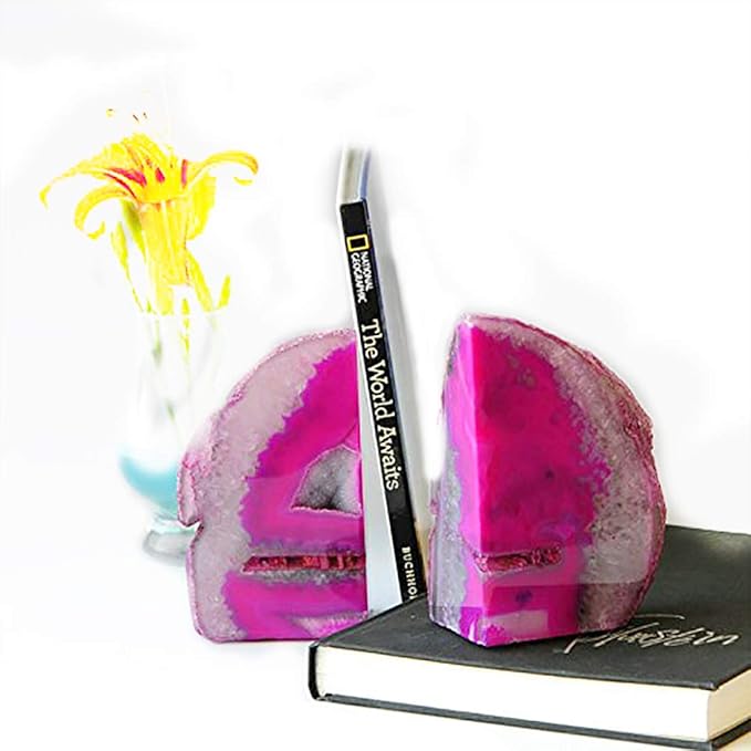 JIC Gem Pink Dyed Agate Bookends Geode Book Ends Stone Bookends for Shelves to Hold Books Heavy Duty with Rubber Bumpers for Decoration Brazilian(1 Pair, 3-4 LBS)