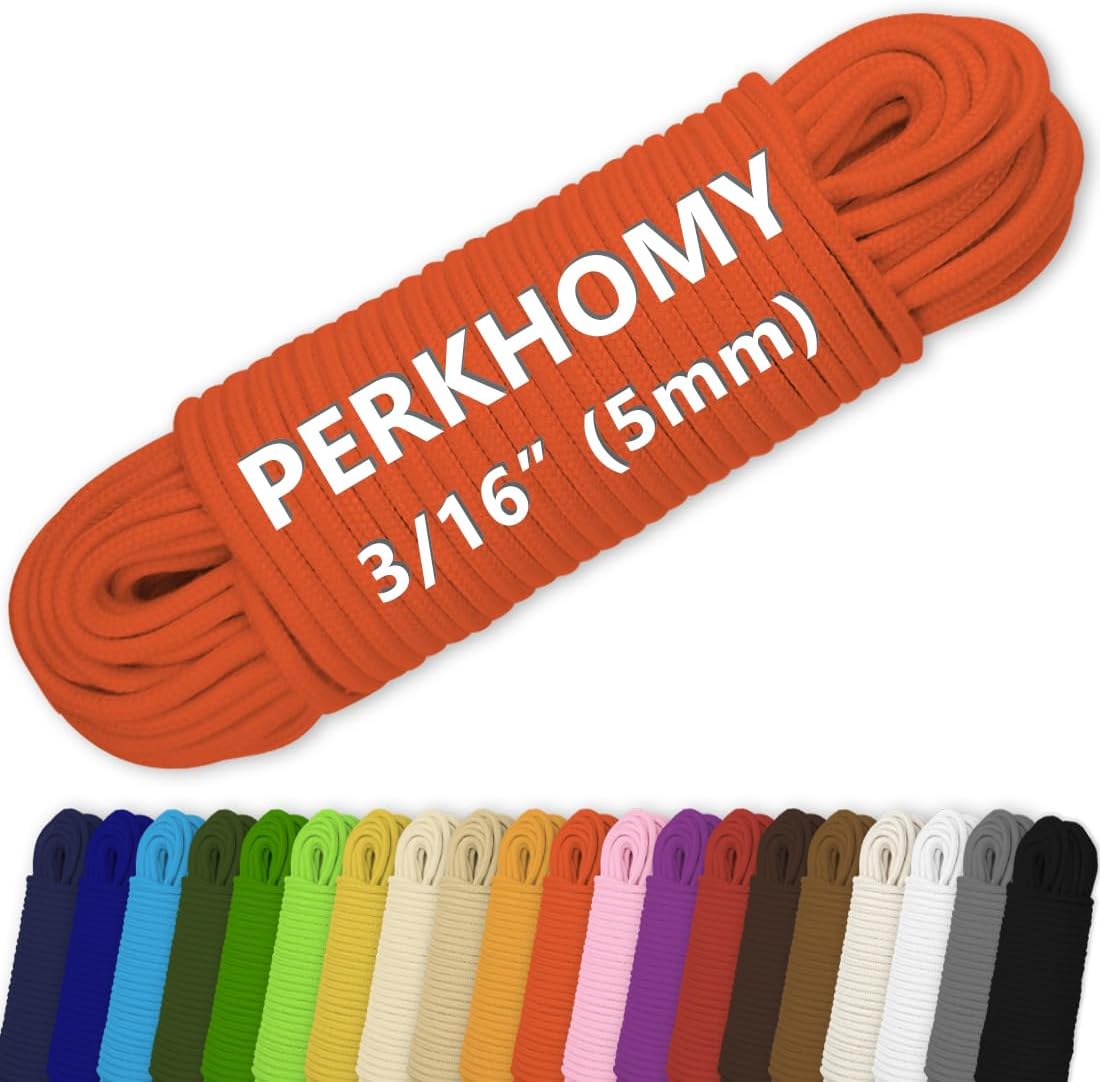 PerkHomy Cotton Rope 3/16" (5mm) 100 ft Multi Purpose Utility Diamond Braided Cord, Natural Cotton for Clothes Line Camping Crafting Flag Pole, Orange Red