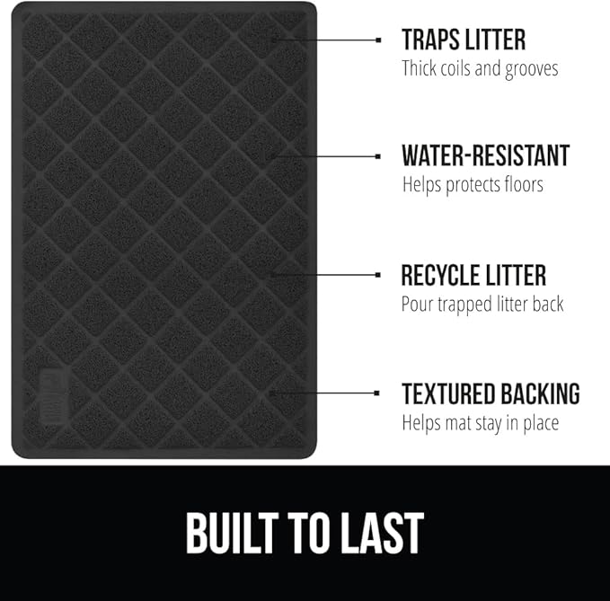 GORILLA GRIP Cat Litter Box Mat, Water Resistant, US Designed Kitty Litter Trapping Mats, Easy to Clean, Scatter Control, Less Mess and Clean Floors, Kitten Supplies for Indoor Cats, 30x20 Black