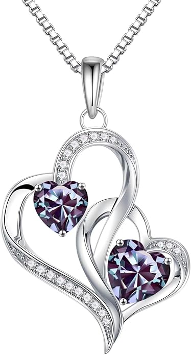 Iefil Christmas Gifts for Women - Double Heart Birthstone Necklace, 925 Sterling Silver Heart Pendant Necklace, Anniversary Birthday Gifts for Women | Personalized Jewelry Gift for Wife Mom Girlfriend