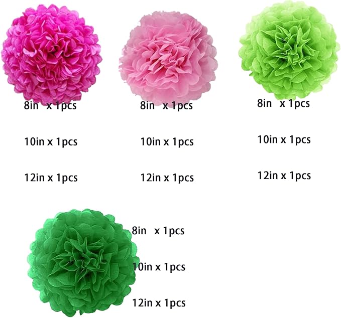We Moment Pink and Green Tissue Paper Pom Poms，Hanging Pom Poms Flower for Pink Green Theme Party Birthday Wedding Decorations,12pcs 4 Colors of 12 Inch 10 Inch