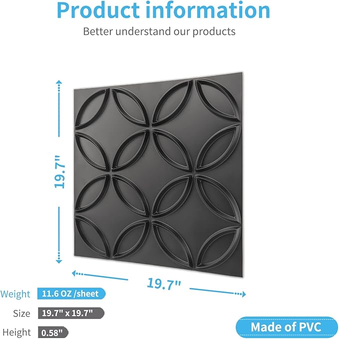 Art3d PVC 3D Wall Panel Interlocked Circles in Matt Black Cover 32 Sq.ft