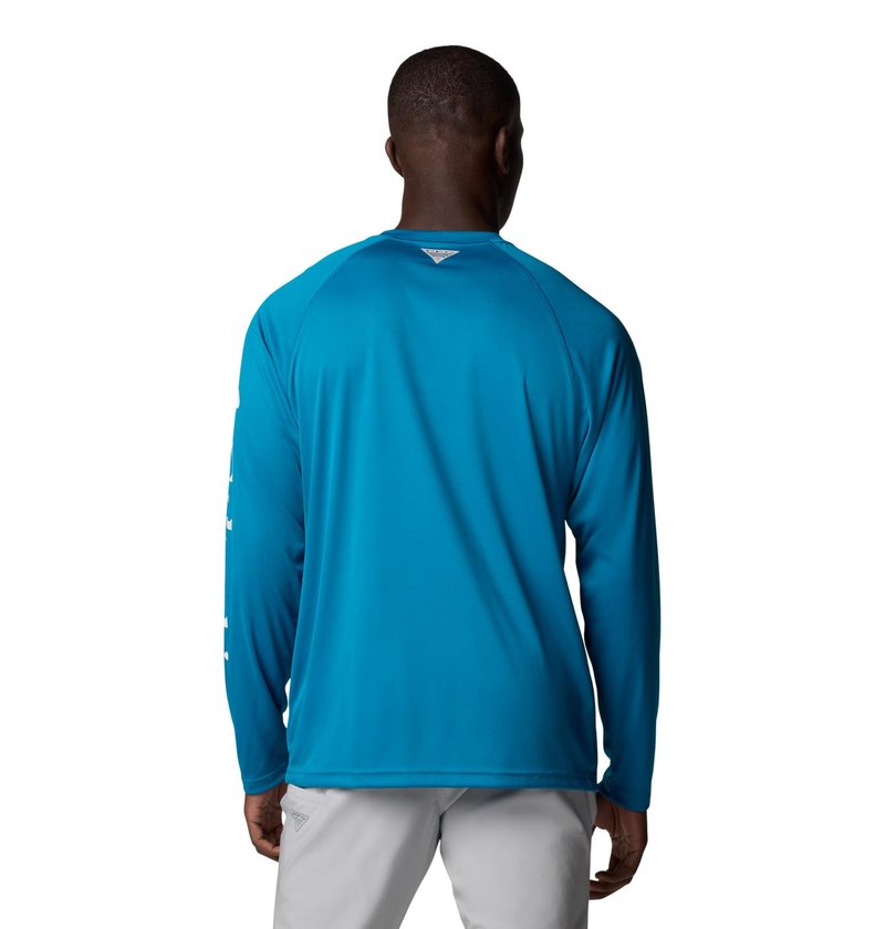 Columbia Men's PFG Terminal Tackle Long Sleeve Fishing Shirt, Blue Echo/White Logo, 3X Tall