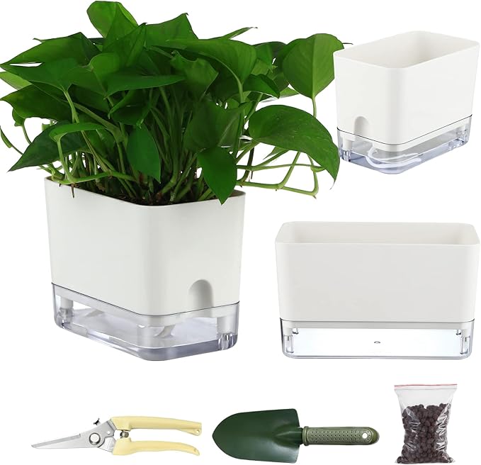 Planterhoma Self Watering Plant Pots for Indoor Plants 7/10 inch, 2 Packs Rectangle Self-Watering Planters with Drainage Hole, White African Violet Pots for Devil's Ivy, Spider Plant, Orchid, Herb