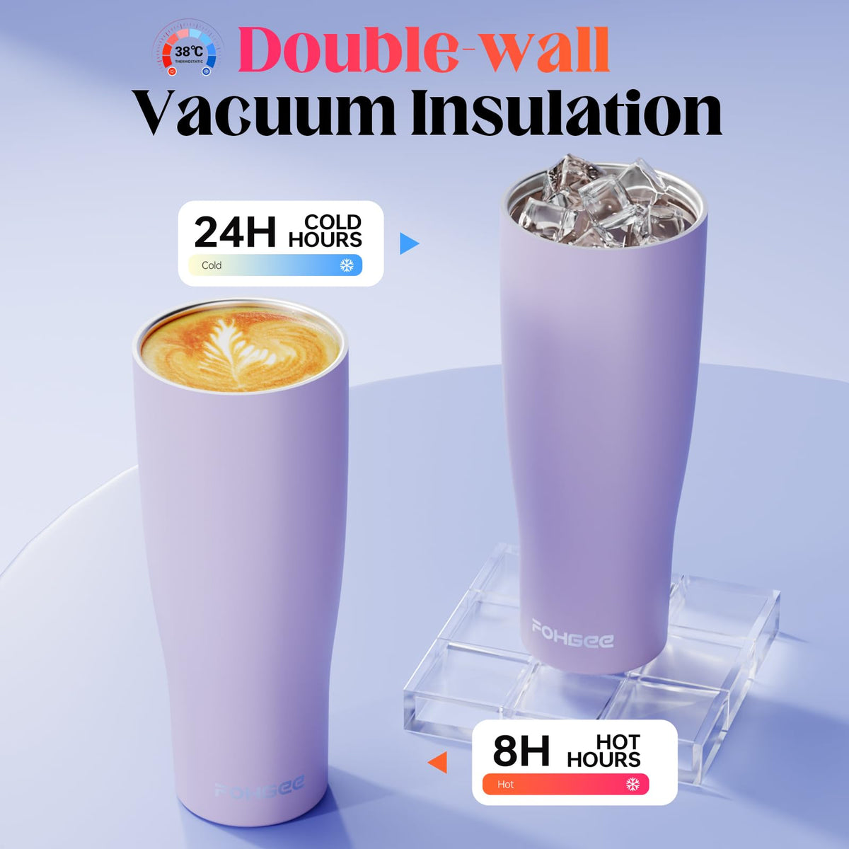FOHGEE 40oz Insulated Stainless Steel Tumbler with Straw & Carry Loop – Leak-Proof, Spill-Proof, BPA-Free, Dishwasher Safe Travel Mug for Iced Coffee Lovers, Lilac Purple