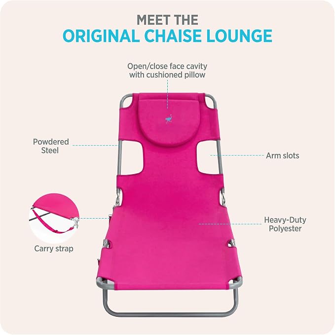 Ostrich the Original Chaise 72 x 22 Inch Lounge Portable Reclining Lounger, Outdoor Patio, Beach, Lawn, Camping, or Pool Tanning Chair, Pink