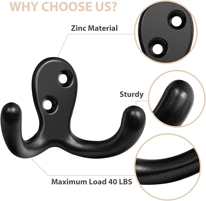 Homanu 24 Pack Coat Hooks, Heavy Duty Double Prong Coat Hooks Wall Mounted