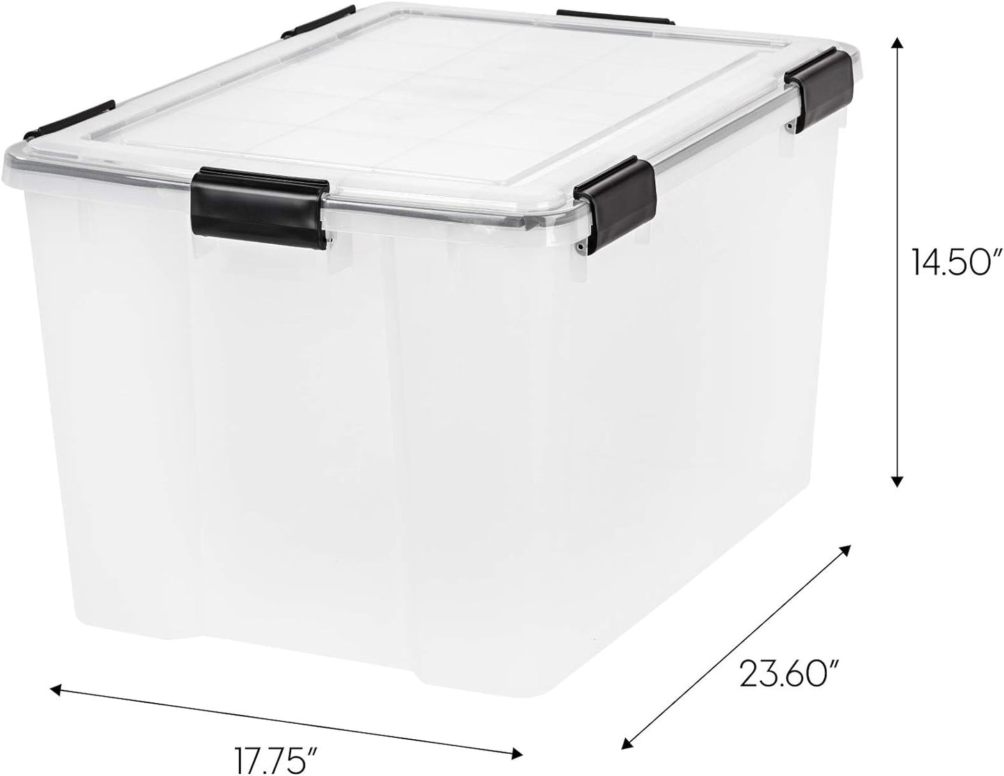 IRIS USA 4-Pack WeatherPro 74 Qt Clear Plastic Gasket Boxes with Latching Lids – Weathertight Heavy Duty Stackable Storage Containers for Clothes, Food, Tools or Camping Gear