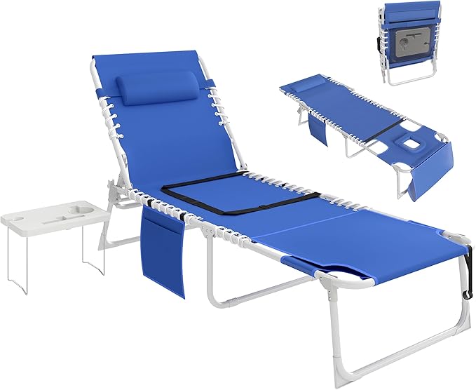 Outsunny Tanning Chair with Face Hole, Side Table, 5-Position Reclining Folding Chaise Lounge Chair Outdoor Lounger Recliner, Carry Straps for Beach Pool Camp, Breathable Mesh, Navy Blue
