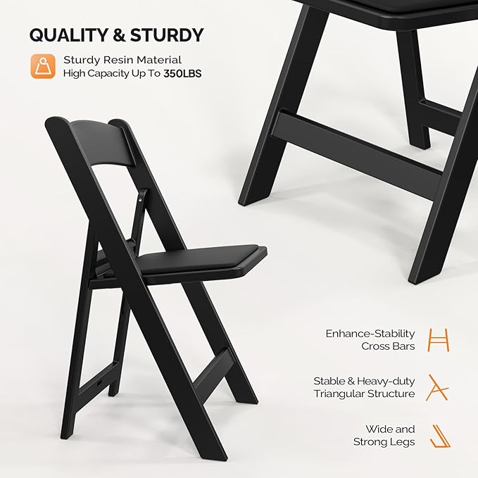 VINGLI Resin Folding Chairs with Cushion, Foldable Plastic Chair with Comfortable Padded Seats, Perfect for Event Party Indoor Outdoor, Black, 1 PC