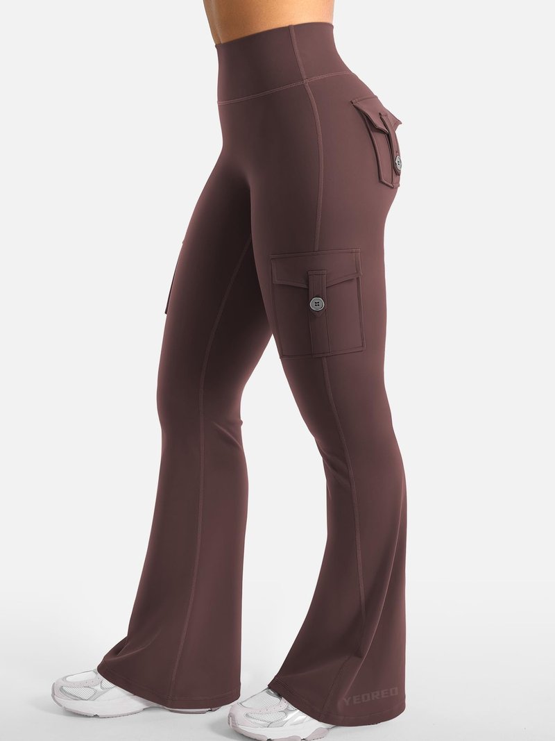 YEOREO CoreFlex Women Workout Flare Leggings with Pockets Hidden Scrunch Cargo Gym Yoga No Front Seam Leggings Brown XXL
