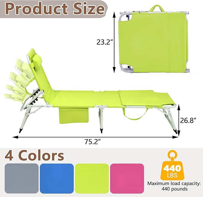 3-in-1 Heavy Duty Tanning Chair with Face Hole Adjustable 5-Position Folding Chaise Lounge Chairs Portable Lay Flat Beach Lounge Chair for Outdoor Sunbathing Patio Pool Lawn Camping Deck (Green)