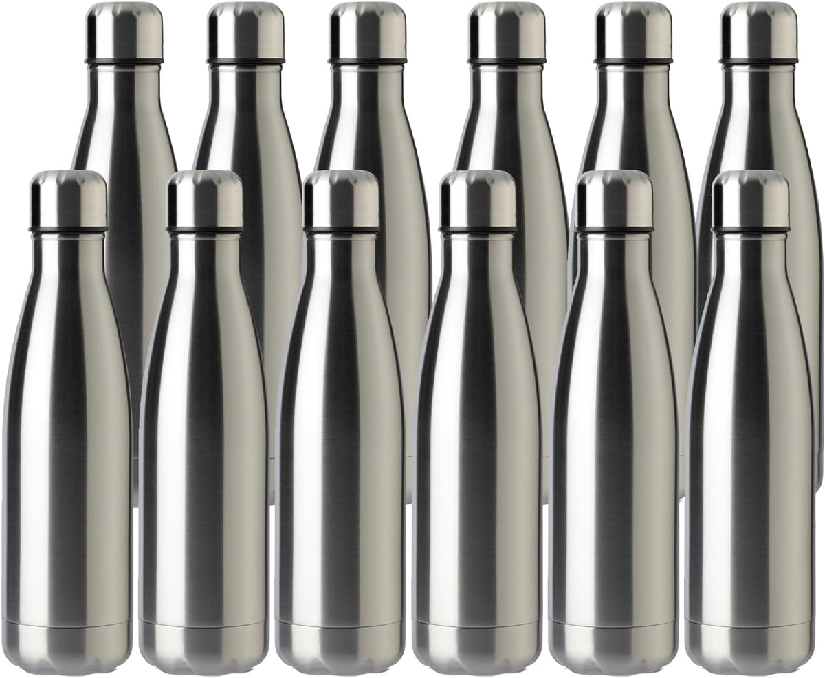 MEWAY 17oz Sport Water Bottle 12 Pack Vacuum Insulated Stainless Steel Leak-Proof Double Wall Cola Shape Water Bottle,Keep Drinks Hot & Cold (Silver,12 Pack)