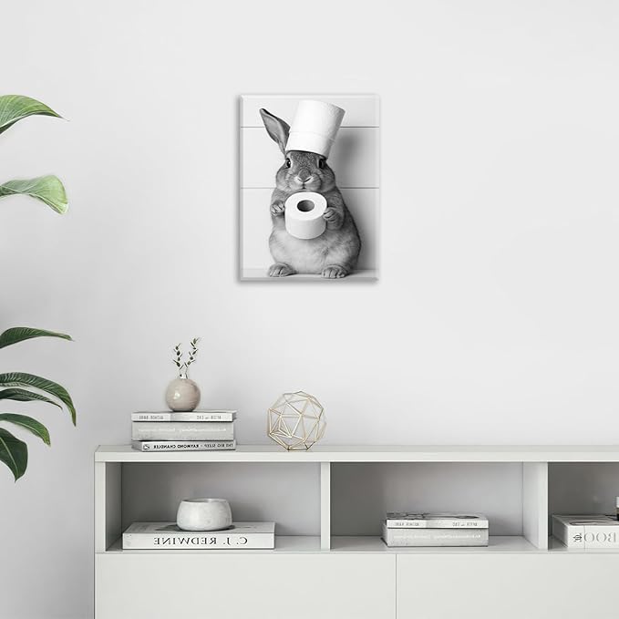 Bunny Bathroom Wall Art, Rabbit Pictures Wall Decor, Animal Canvas Prints Painting, Framed Artwork For Bathroom Living Room Bedroom Office Dining Room 16"X12"