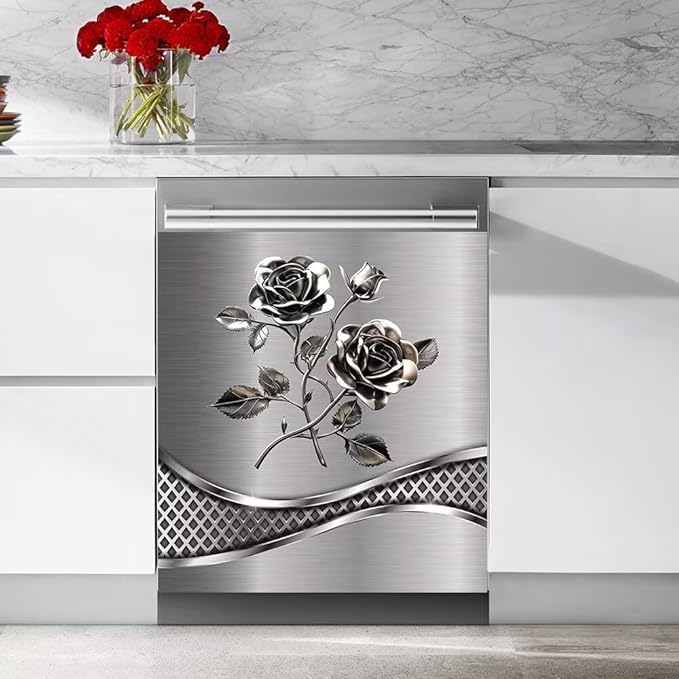 Imitation Stainless Steel Design Flower Pattern Magnet Dishwasher Cover Sticker,Kitchen Decor Refrigerator Magnets Decorative Fridge Magnetic Decal Vinyl Panel 23Wx17H inch