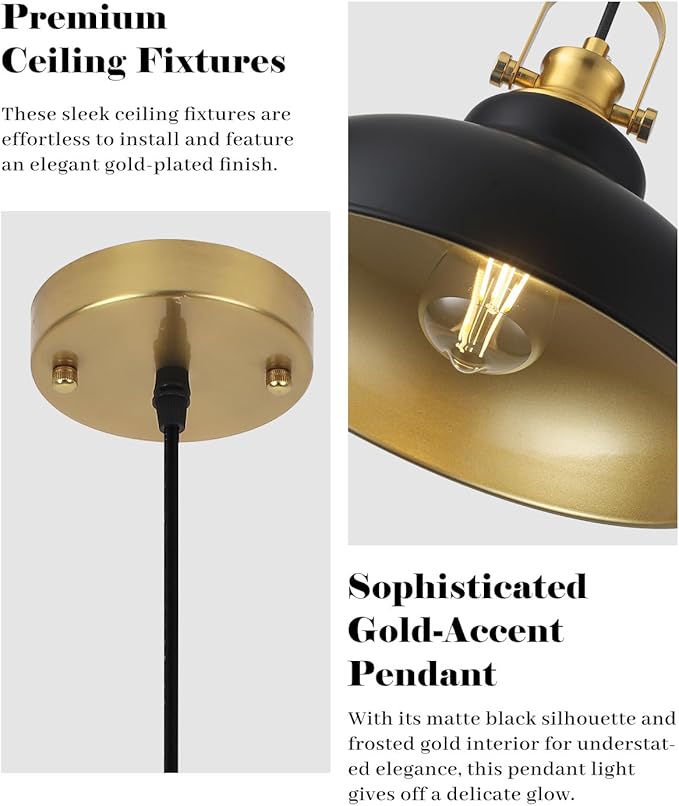 Black and Gold Pendant Light, 11.41 Inch Industrial Pendant Light Kitchen Island, Farmhouse Pendant Lights 2 Packs, Island Pendant Lights for Kitchen, Dining Room, Living Room